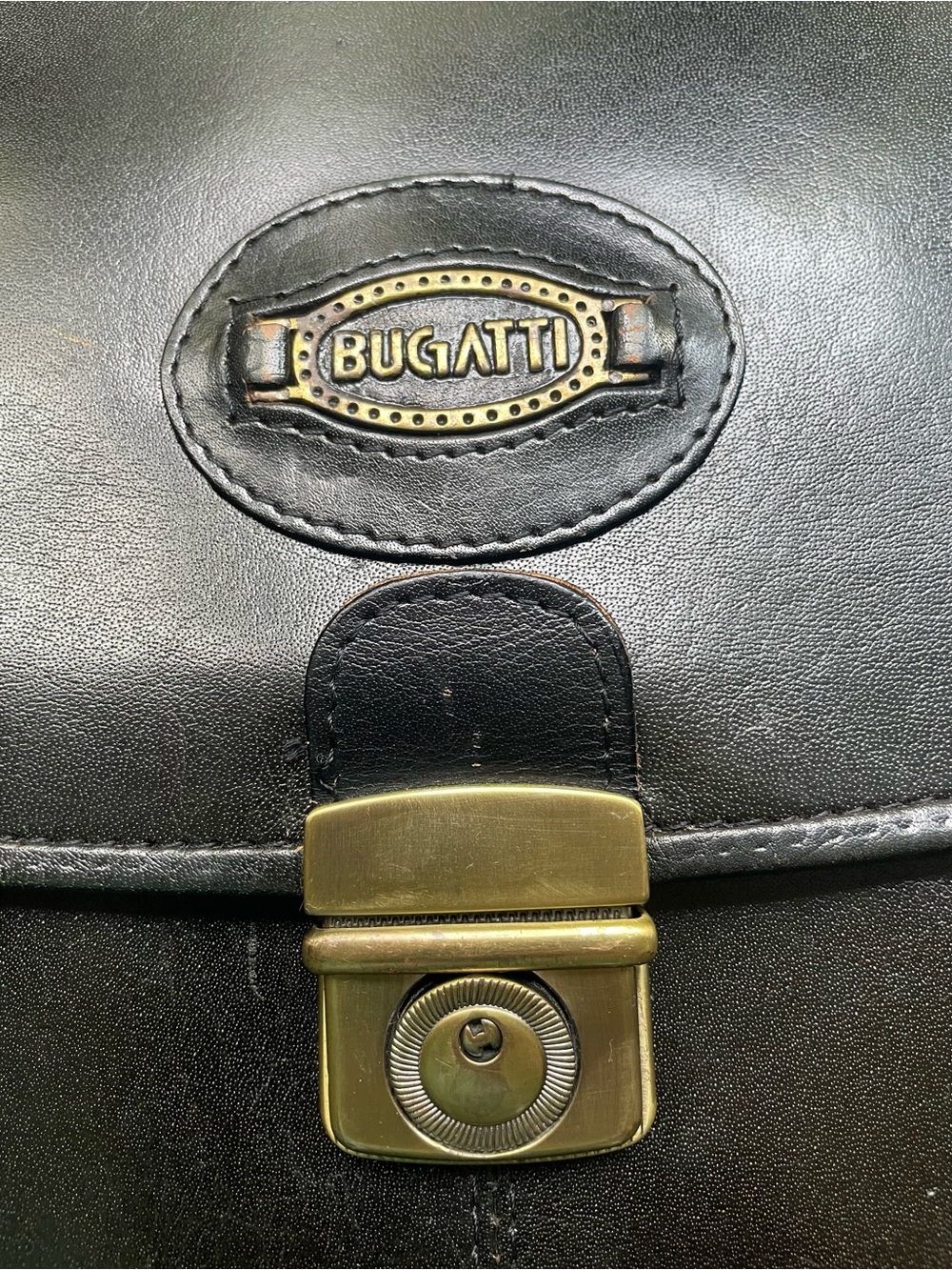 Vintage Bugatti Genuine Leather Black Briefcase Brass Hardware